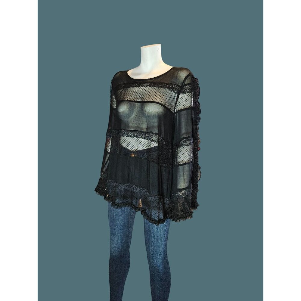 POL Black Sheer Lace Witchy Goth Whymsical Bell Sleeve Oversized Blouse S